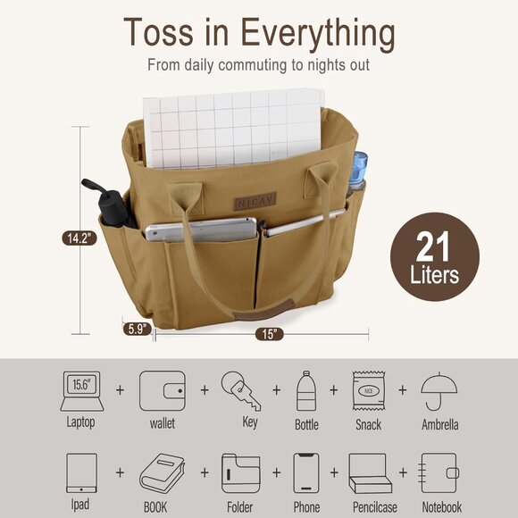 Women's Brown Tote Bags Large Utility Bags with Pockets Zip for Teacher Work - Picture 3 of 6